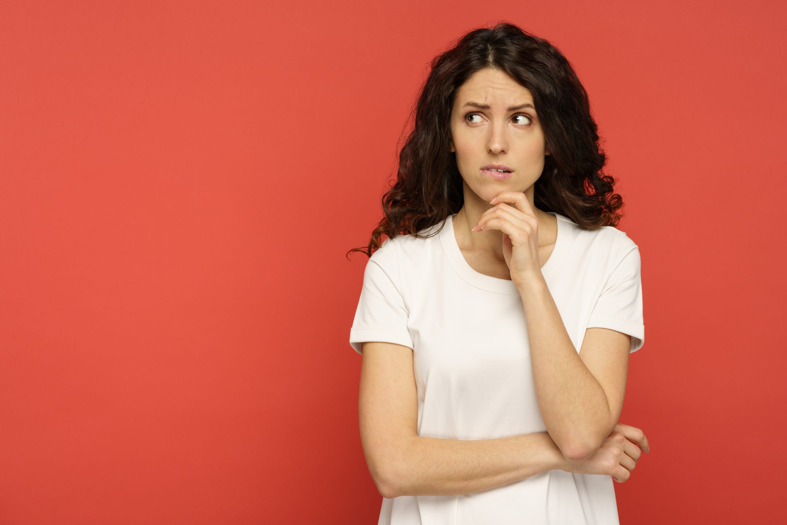Serious Doubtful Italian Woman Looking Up Thinking Pensive And C